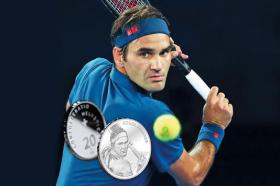 Roger Federer with silver coins in his image as foreground