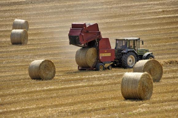 Farmer harvests bales of straw