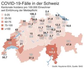 خريطة لسويسرا مع أعداد الإصابات في كل كانتون