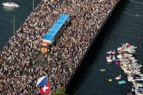 Aerial view of the annual technoparade Street Parade in Zurich