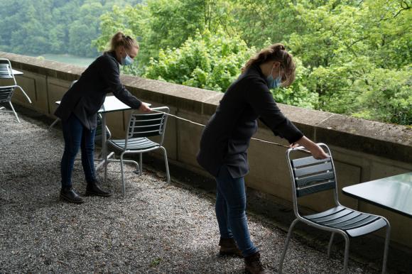 Restaurant staff preparing to open
