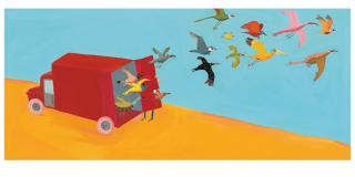 Illustration Birds flying out of a truck