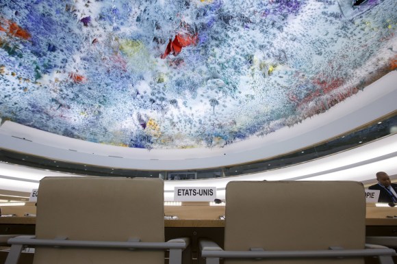 view of the ceiling of the human rights council and the seats of the US delegation