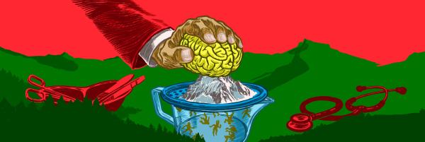 Ilustração mostrando um cérebro sendo espremido sobre um jarro