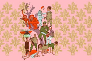 Baum mit Affen und Männern auf Palmengrund