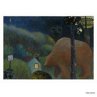 Dibujo de un oso y otros animales alrededor de una casa en una de cuyas ventanas de se luz