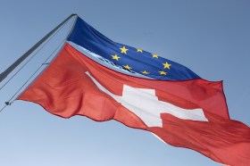 European and Swiss flags flying on a pole