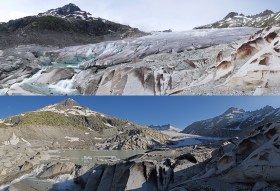 ヴァレー州のローヌ氷河（標高2210メートル）。上の写真：2007年6月28日撮影。下の写真：2019年7月5日撮影