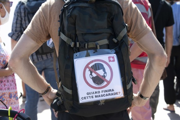 A protester at an anti-mask demo in Geneva on September 12.