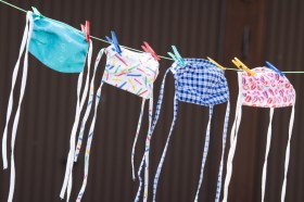 cloth masks on a clothesline