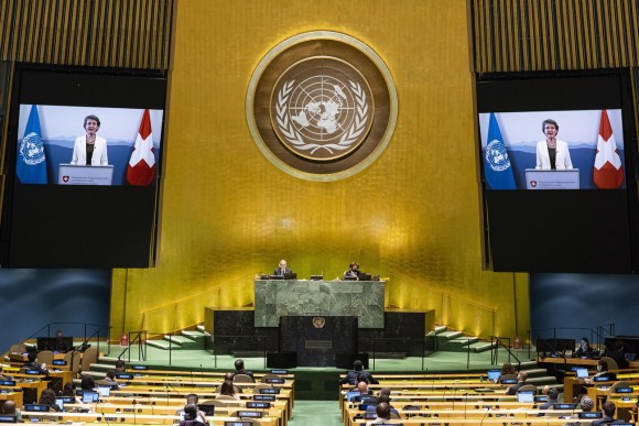 Swiss President Simonetta Sommaruga gives a video speech to the UN General Assembly in New York on September 23, 2020