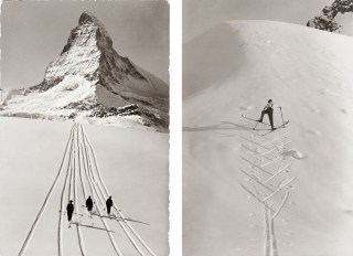 Alpinistas subindo o morro, com o Matterhorn ao fundo
