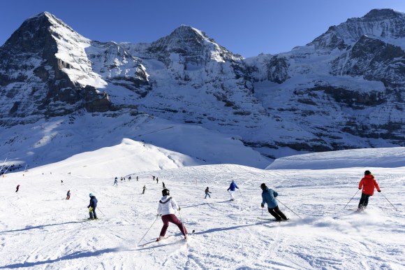 Skiers at Grindelwald in Switzerland.