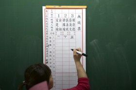 Una persona iscrive i voti in un tabellone, a Taiwan.