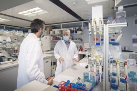 باحثان يرتديان أقنعة صحية داخل مختبر