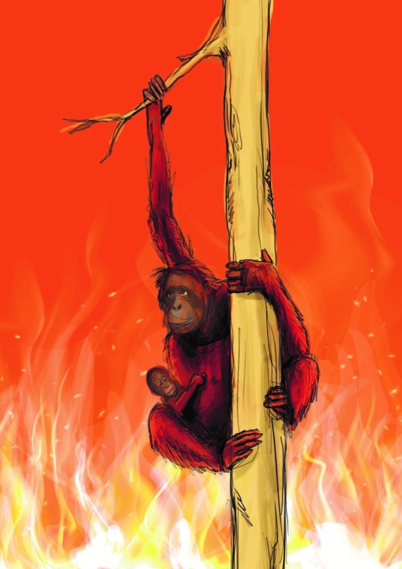[illustrazione] Una scimmia si aggrappa a un albero con un solo ramo, completamente circondato dalle fiamme