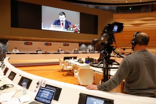 国連欧州本部（パレ・デ・ナシオン）を拠点にオンライン形式で開かれたアフガニスタンの復興支援国際会議。2020年11月23日