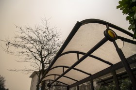 bus stop in mist