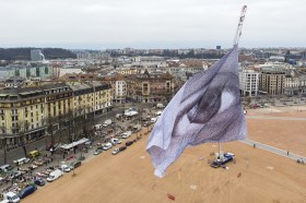 Giant Eye flag being raised in Geneva