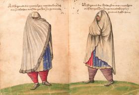 رسم يدوي بالألوان لامرأة موريسكية وأخرى مسيحية ترتديان ملابس الخروج