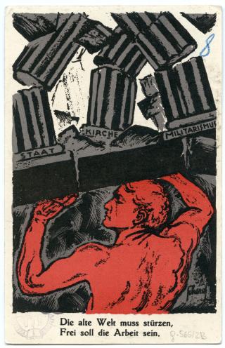 Carte postale avec un homme détruisant des colonnes.