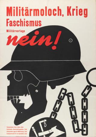 Affiche anti-militariste avec un casque.