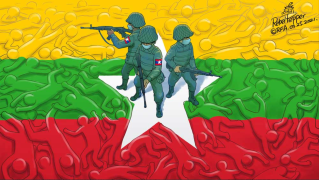 Soldados echados sobre cadáveres sobre la bandera de Birmania