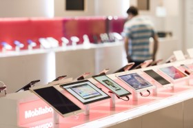 Mobile devices on display in a shop