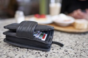 Wallet with credit cards on a table