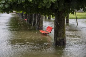 Flooded park with submerged bench