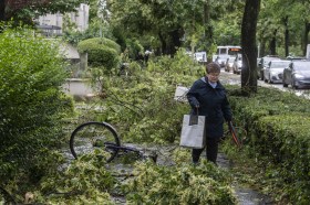 Women walking down street that is covered in broken tree branches as a result of the storm