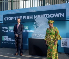Chair of the fisheries subsidies negotiations at the WTO Colombian Ambassador Santiago Wills (left) and WTO Director-General Ngozi Okonjo-Iweala (right) in front of an ice sculpture of depicting fish during a event by NGOs requesting urgent action to finalize the WTO agreement on ending subsidies that drive overfishing, March 1, 2021 in Geneva, Switzerland. (Keystone / Fabrice Coffrini) WTO Director-General and the Chair of the fisheries subsidies negotiations in front of an ice sculpture
