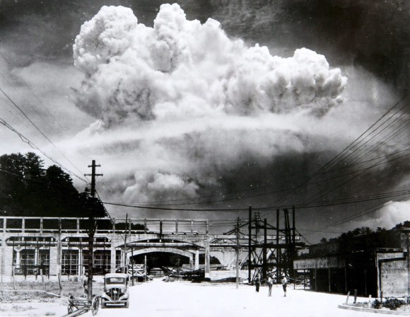 the mushroom cloud photographed from the ground of the 09 August 1945 atomic bombing of Nagasaki.