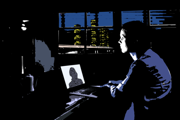 رسم يُصور فتاة جالسة أمام شاشة حاسوب