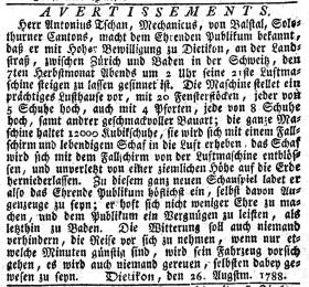 Anzeige der Tschann-Brüder in der NZZ, 1788.