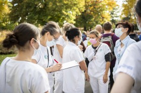 Group of nurses staging a protest in a park