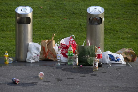 Rubbish around two public bins