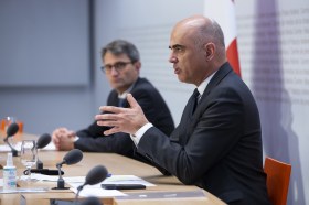 Interior Minister Berset and cantonal health official Engelberger at news conference