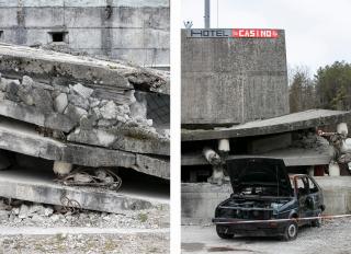 崩壊した建物と車