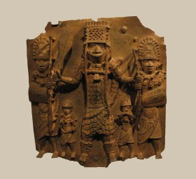 A brass plaque of the Benin bronzes.