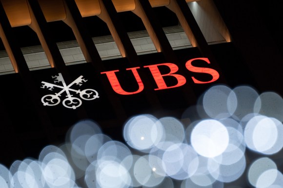 UBS logo with bkurred lights in foreground