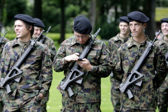 Swiss militia soldiers waiting