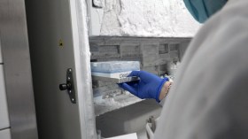 Un main plaçant des échantillons dans un frigo
