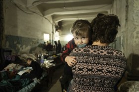 People hiding in bomb shelter at Mariupol, Ukraine.
