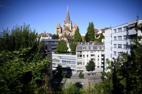 View of Lausanne with cathedral and trees