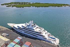 The superyacht Amadea, owned by a Russian oligarch, is docked at the Queens Wharf in Lautoka, Fiji, on April 15 2022