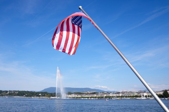 American flag over Lake Geneva