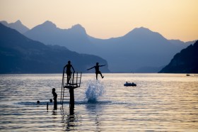 People swimming in Walensee in Switzerland.