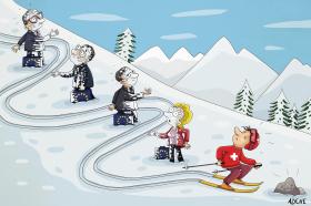 un skieur suisse slalome entre les élus européens et les arrose de neige