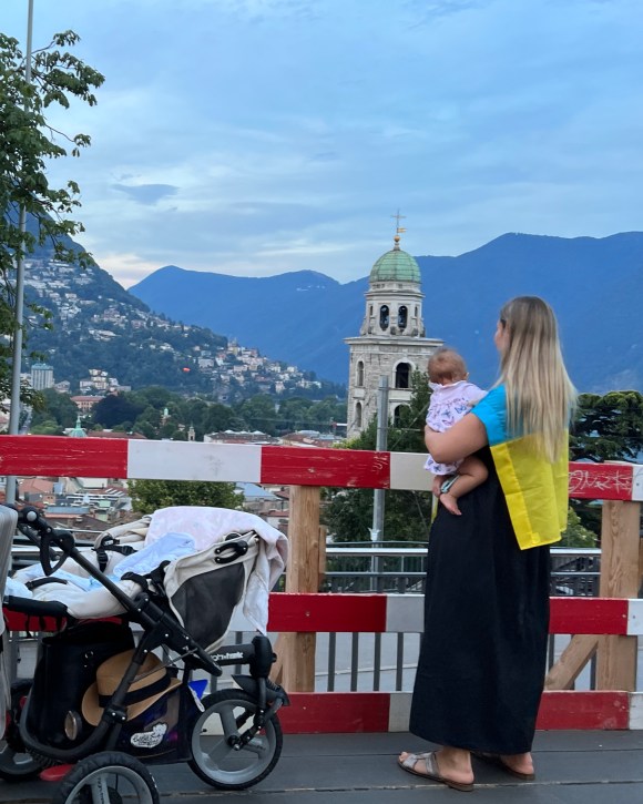 woman wearing Ukraine colours in Lugano
